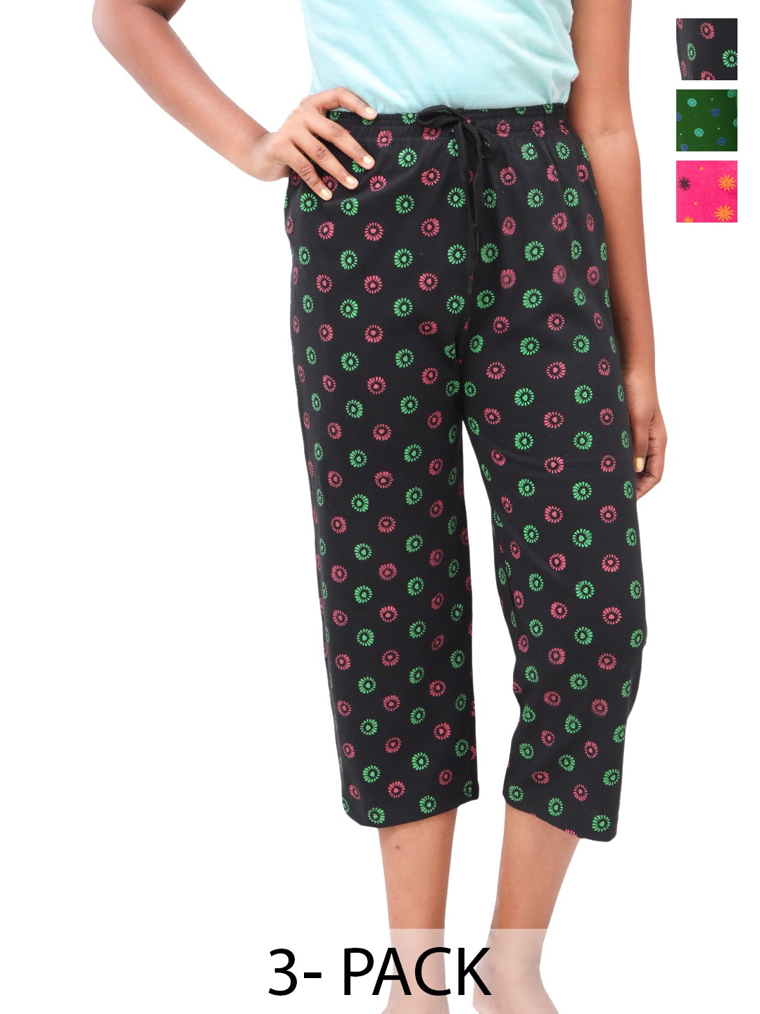 

AFRA GARMENTS Women Pack Of 3 Cotton Printed Capris, Pink
