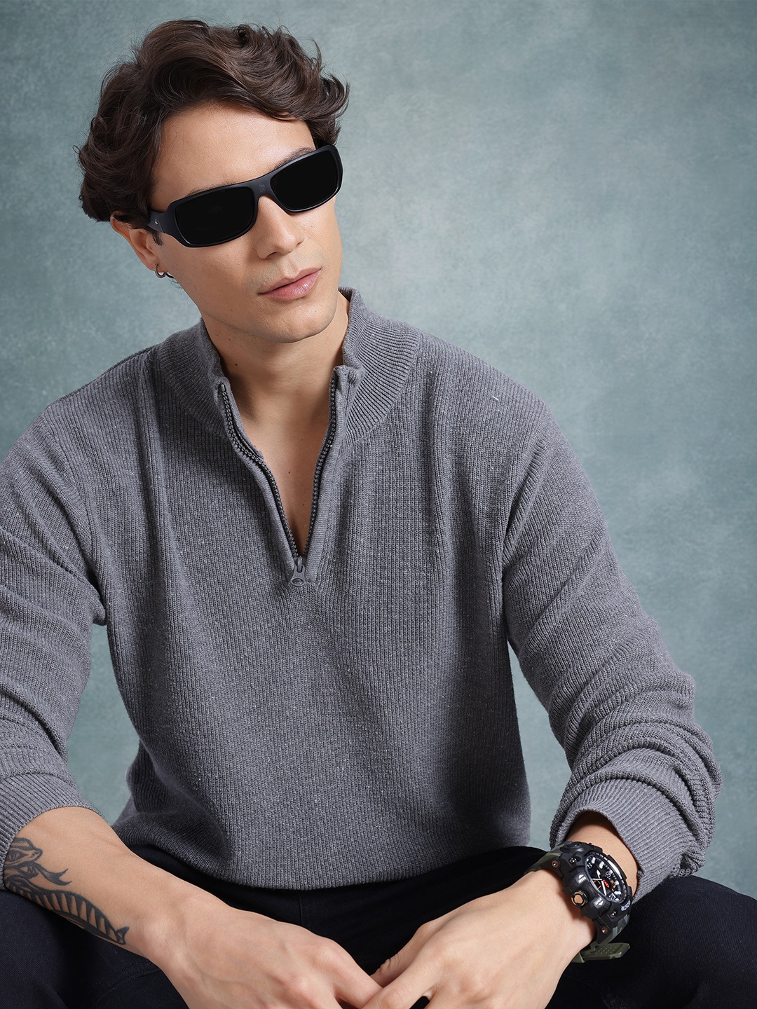 

The Roadster Lifestyle Co. Men Pure Cotton Ribbed Pullover, Grey