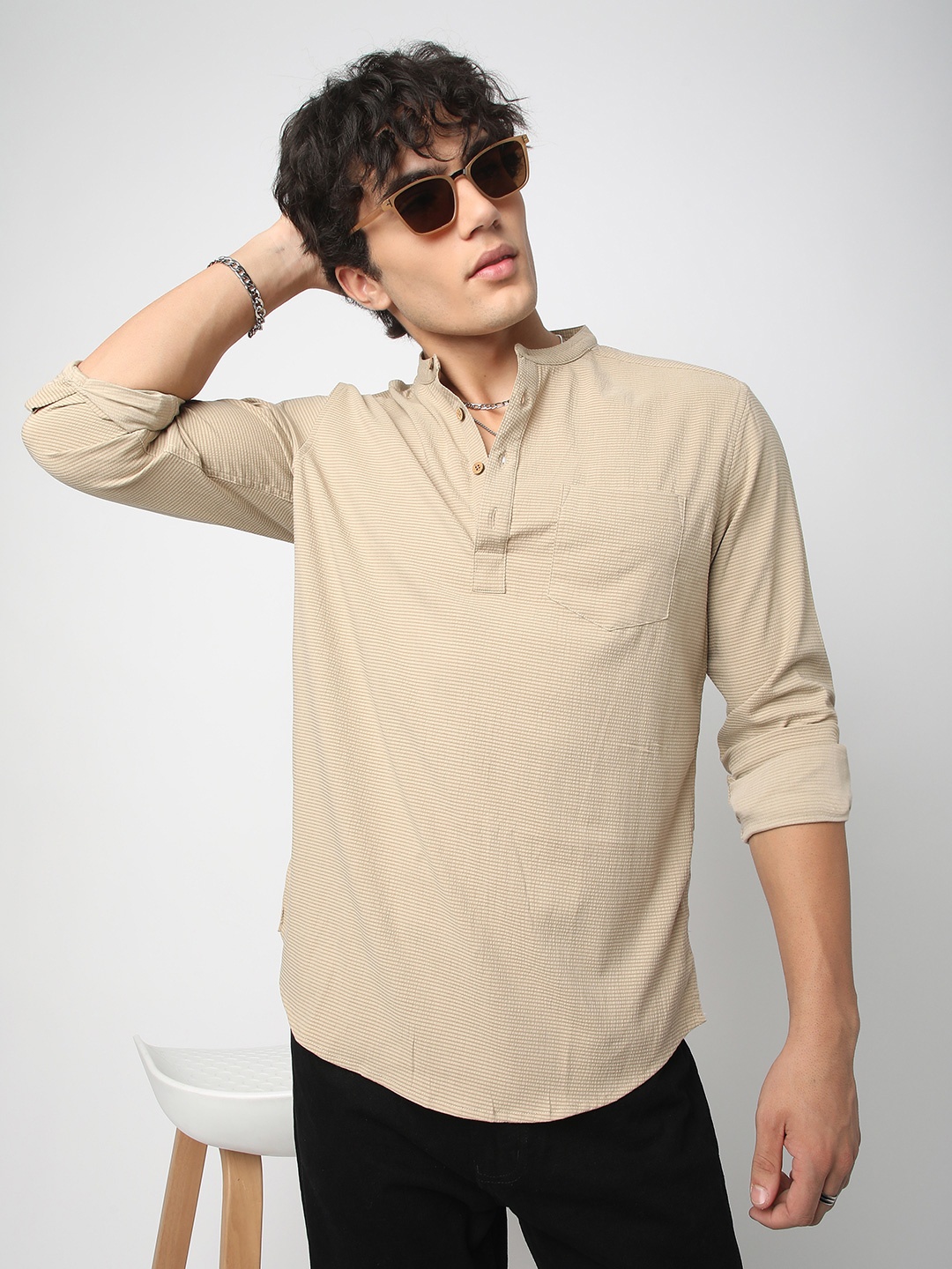 

VASTRADO Seersucker Horizontal Striped Kurta, Beige