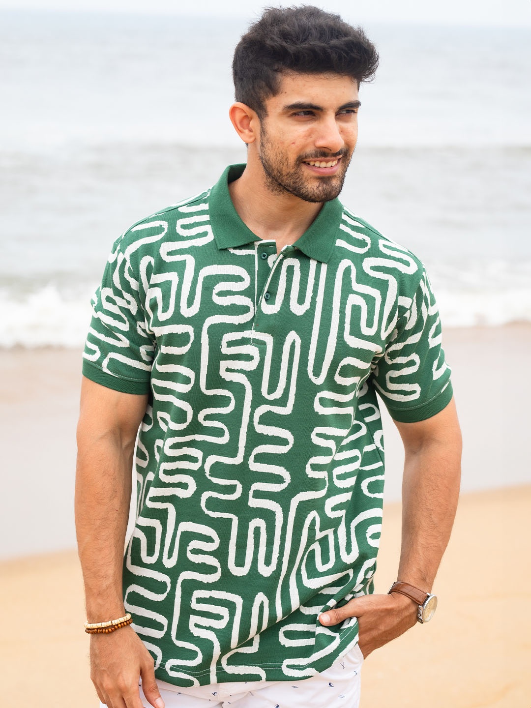 

Hidden Loops Men Abstract Printed Polo Collar Cotton Slim Fit T-shirt, Green