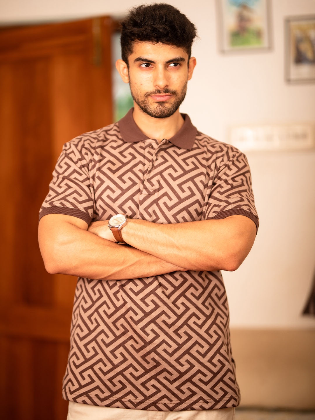 

Hidden Loops Men Abstract Printed Polo Collar Cotton T-shirt, Brown