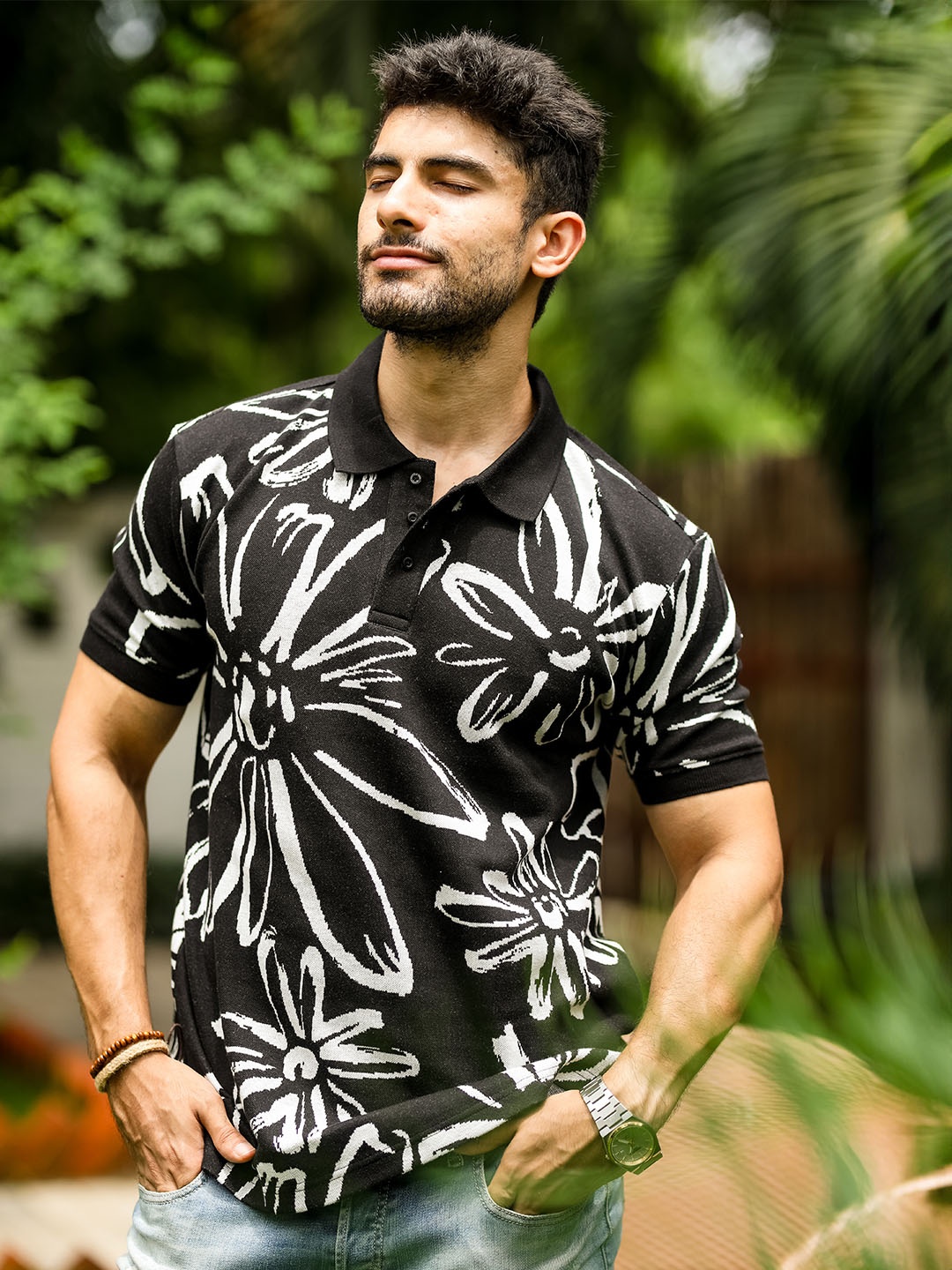 

Hidden Loops Men Floral Printed Polo Collar Cotton T-shirt, Black