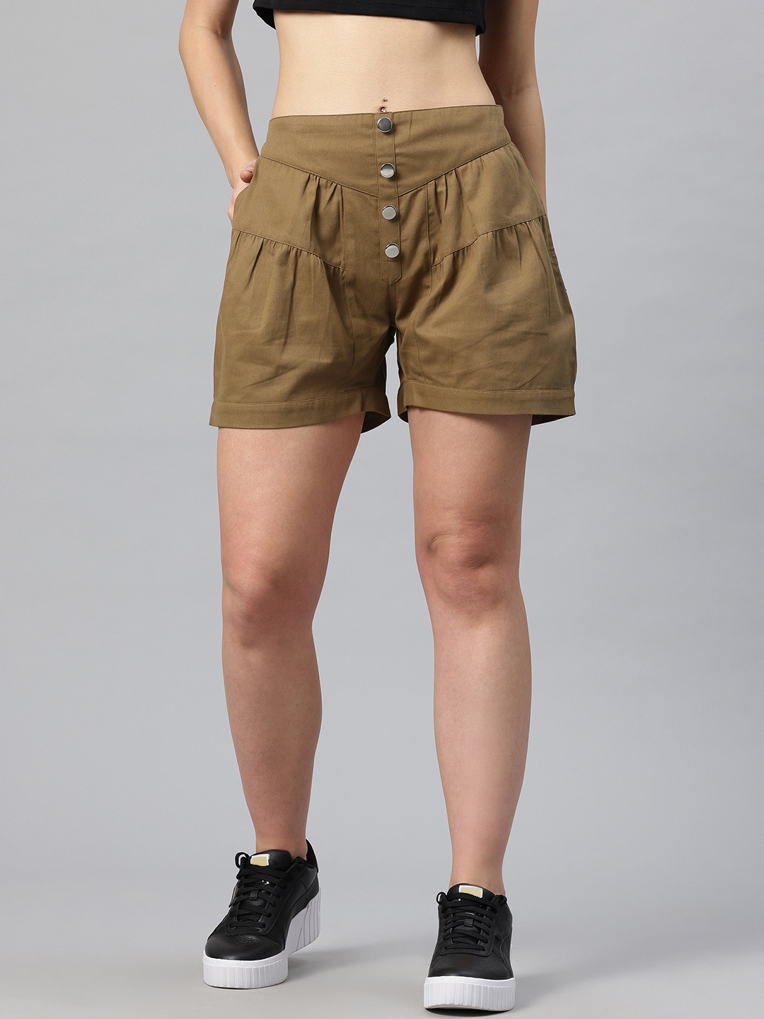 

Popnetic Women High-Rise Pure Cotton Shorts, Khaki