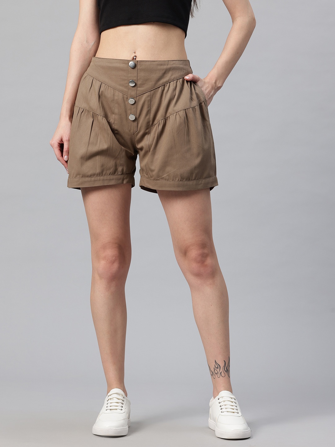 

Popnetic Women Solid High-Rise Pure Cotton Relaxed Fit Shorts with Gathered Detail, Taupe