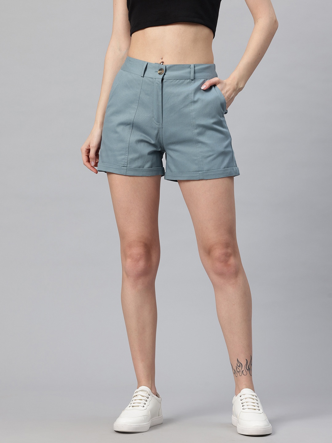 

Popnetic Women Solid High-Rise Pure Cotton Shorts, Grey