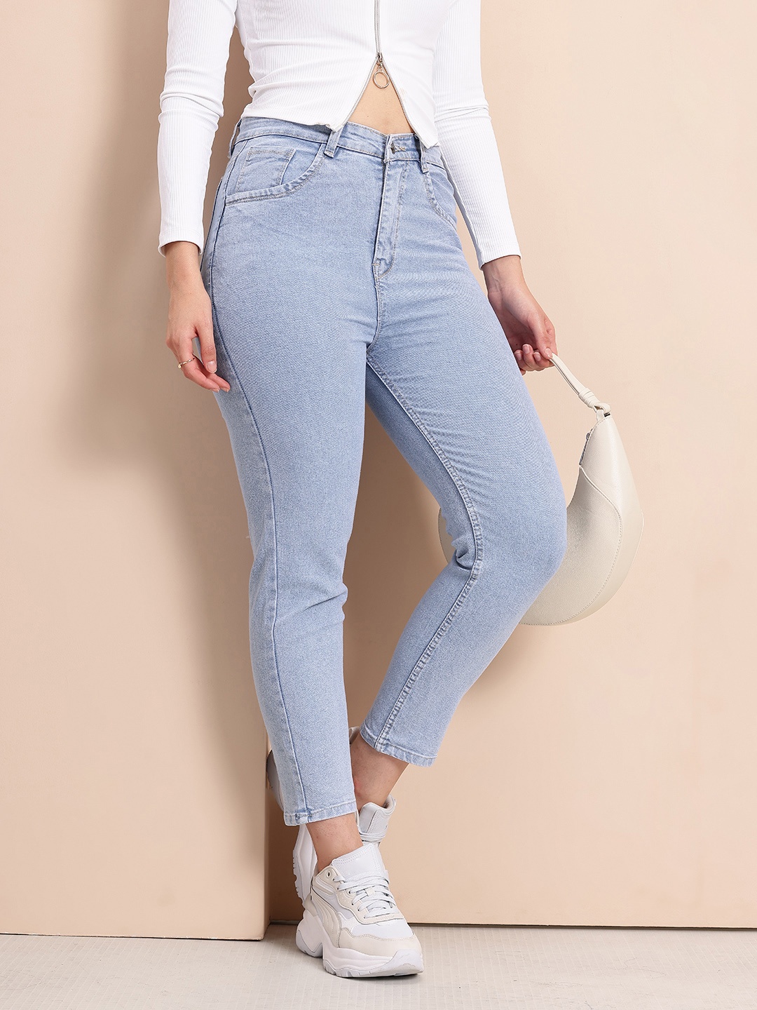 

Mast & Harbour Women Straight Fit High-Rise Stretchable Jeans, Blue