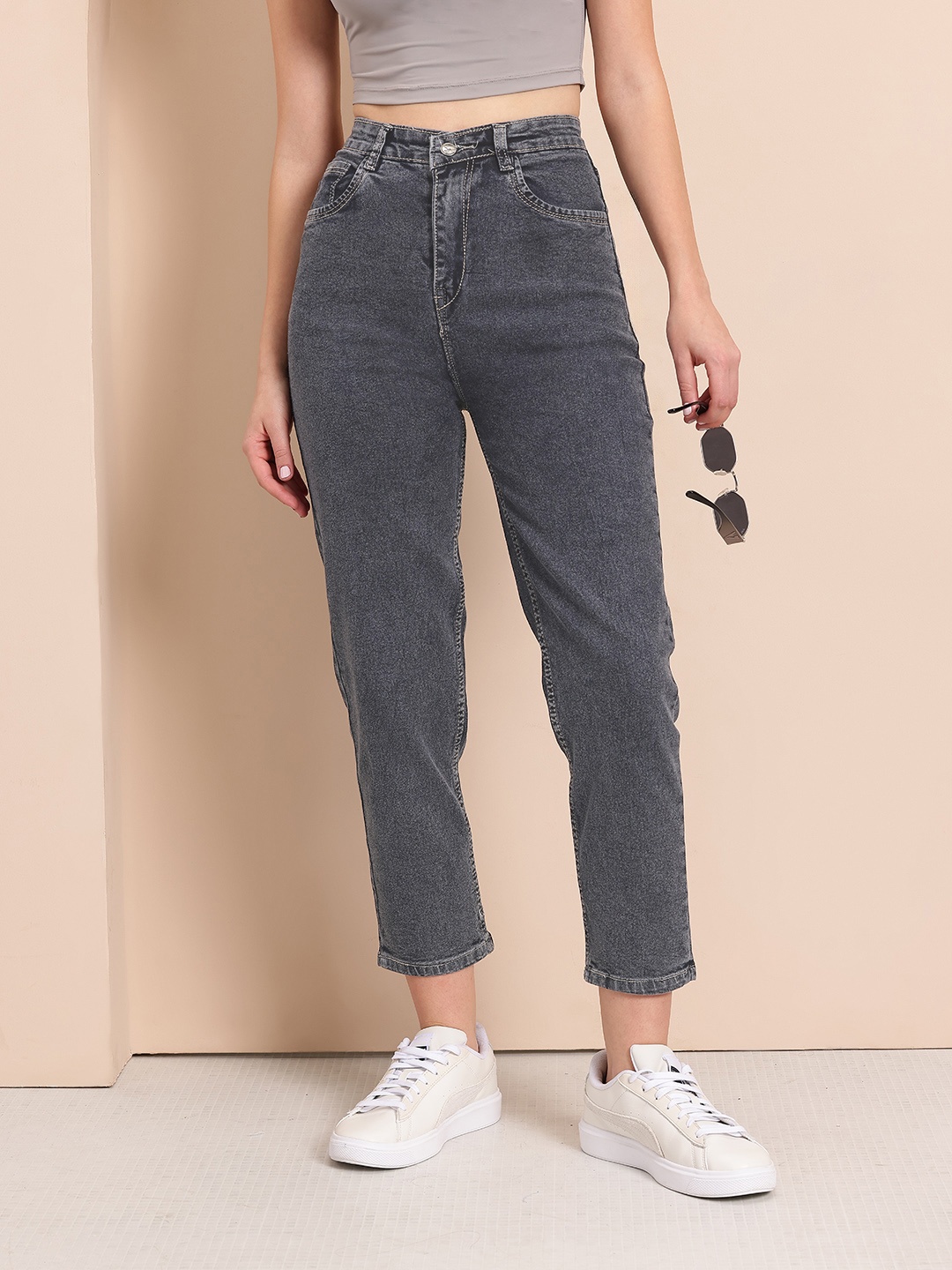 

Mast & Harbour Women Straight Fit High-Rise Stretchable Jeans, Grey