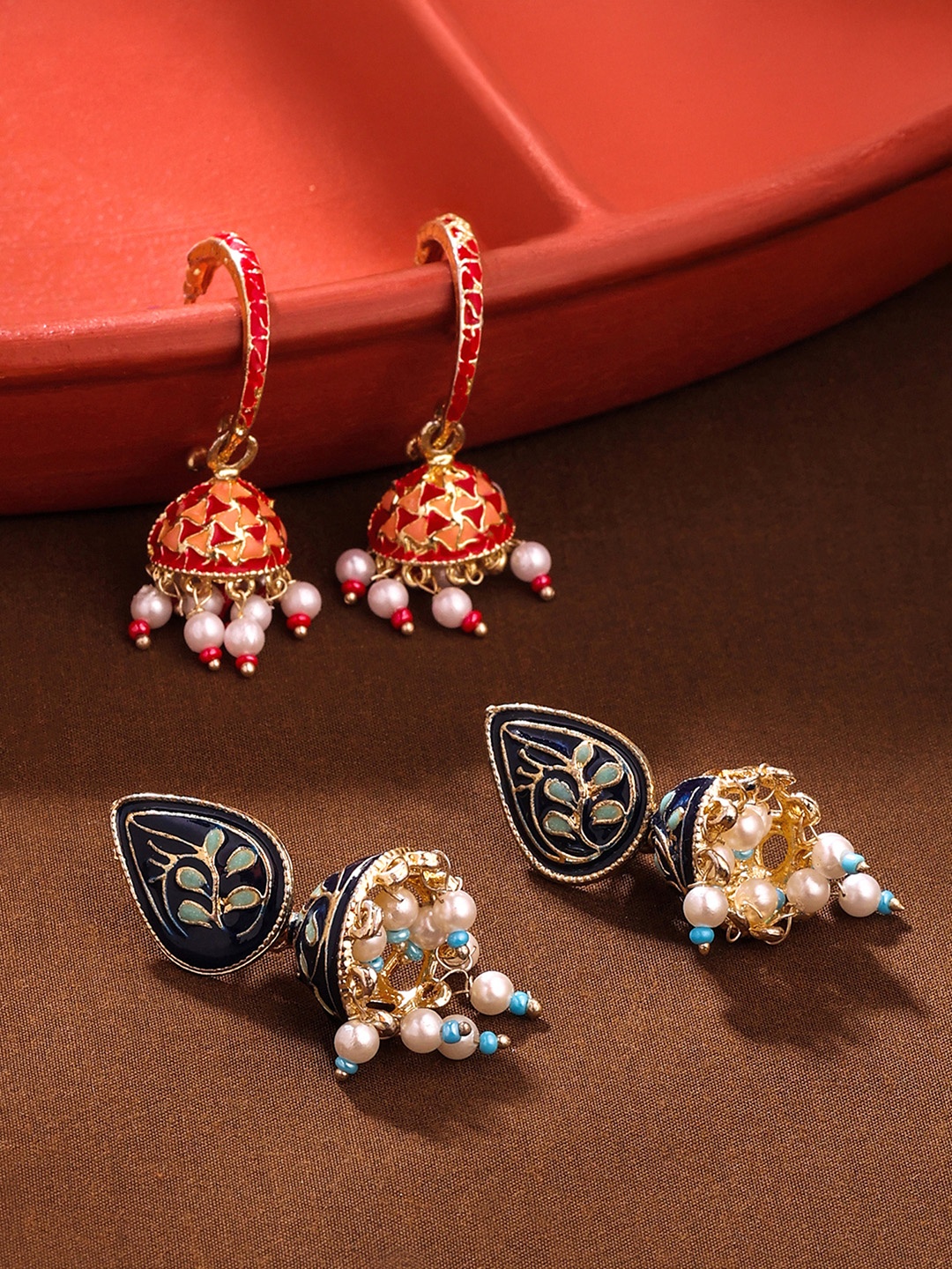 

Yellow Chimes Set Of 2 Gold-Plated Dome Shaped Meenakari Jhumkas Earrings, Blue