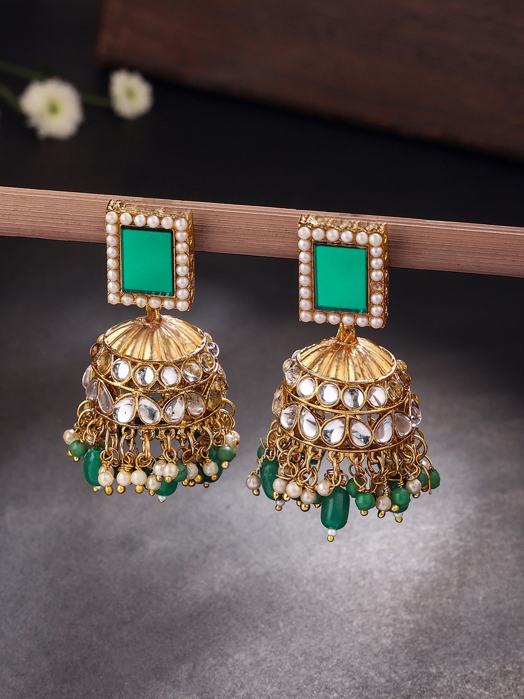 

Yellow Chimes Gold-Plated Artificial Stones And Beads Dome Shaped Jhumkas Earrings