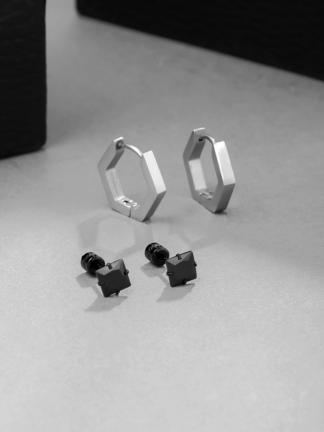 

Yellow Chimes Set of 2 Rhodium-Plated Small Stud Hoop Earrings, Silver
