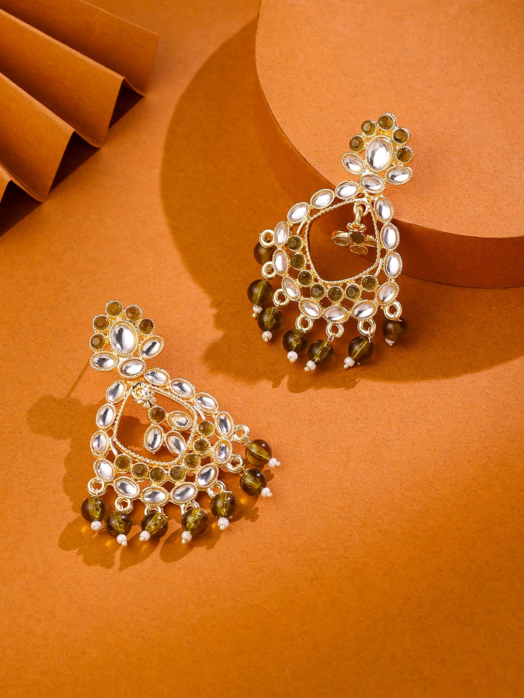 

Yellow Chimes Gold-Plated Contemporary Kundan Chandbalis Earrings Golden Danglers