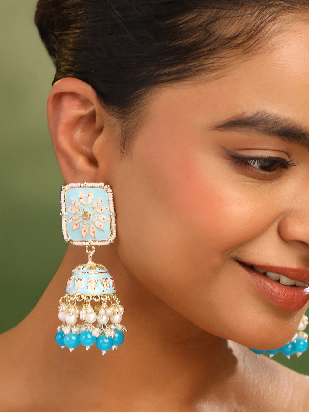 

Yellow Chimes Gold-Plated Artificial Stones Contemporary Jhumkas Earrings, Blue