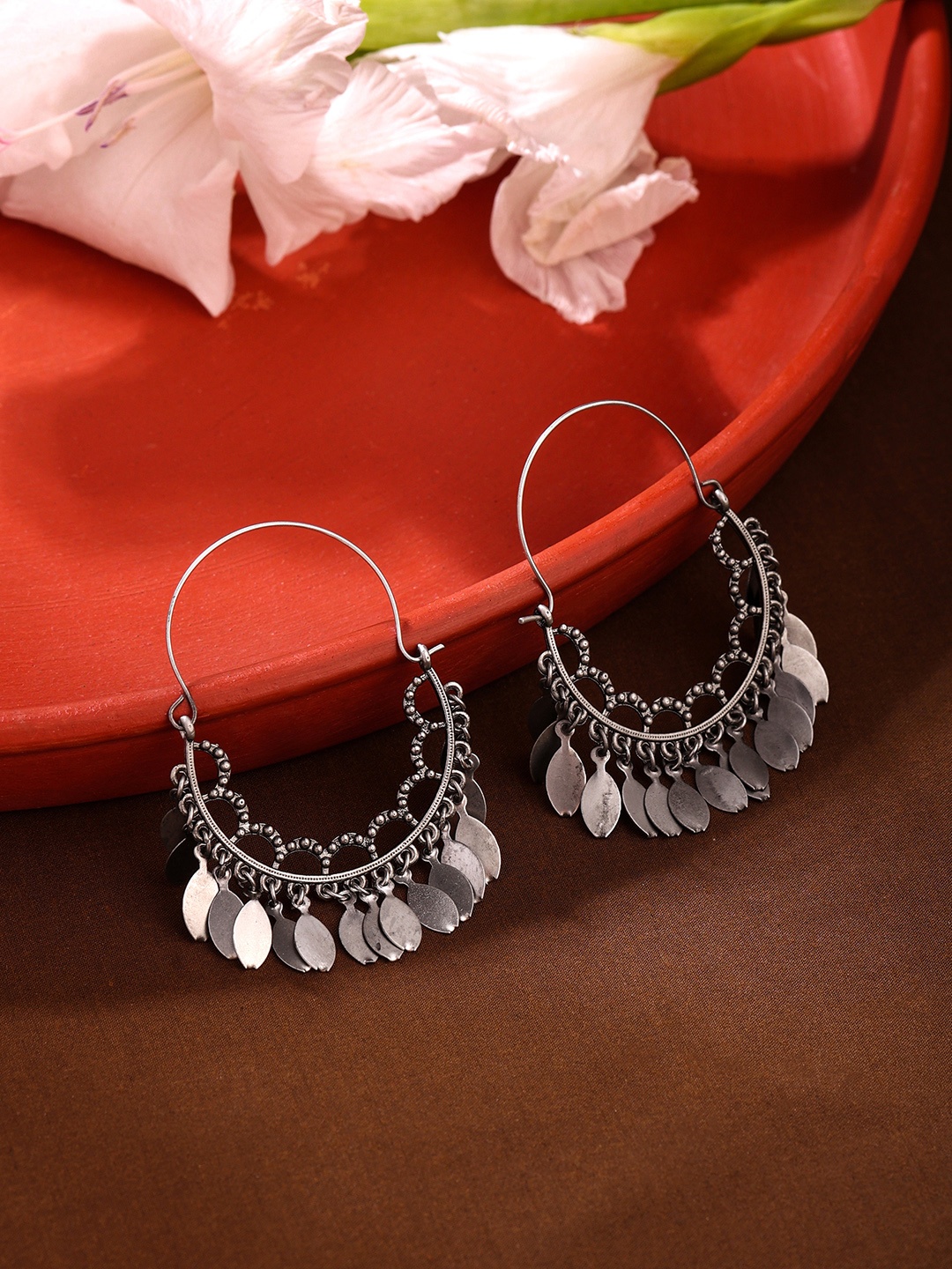 

Yellow Chimes Oxidized Silver-Plated Contemporary Hoop Earrings