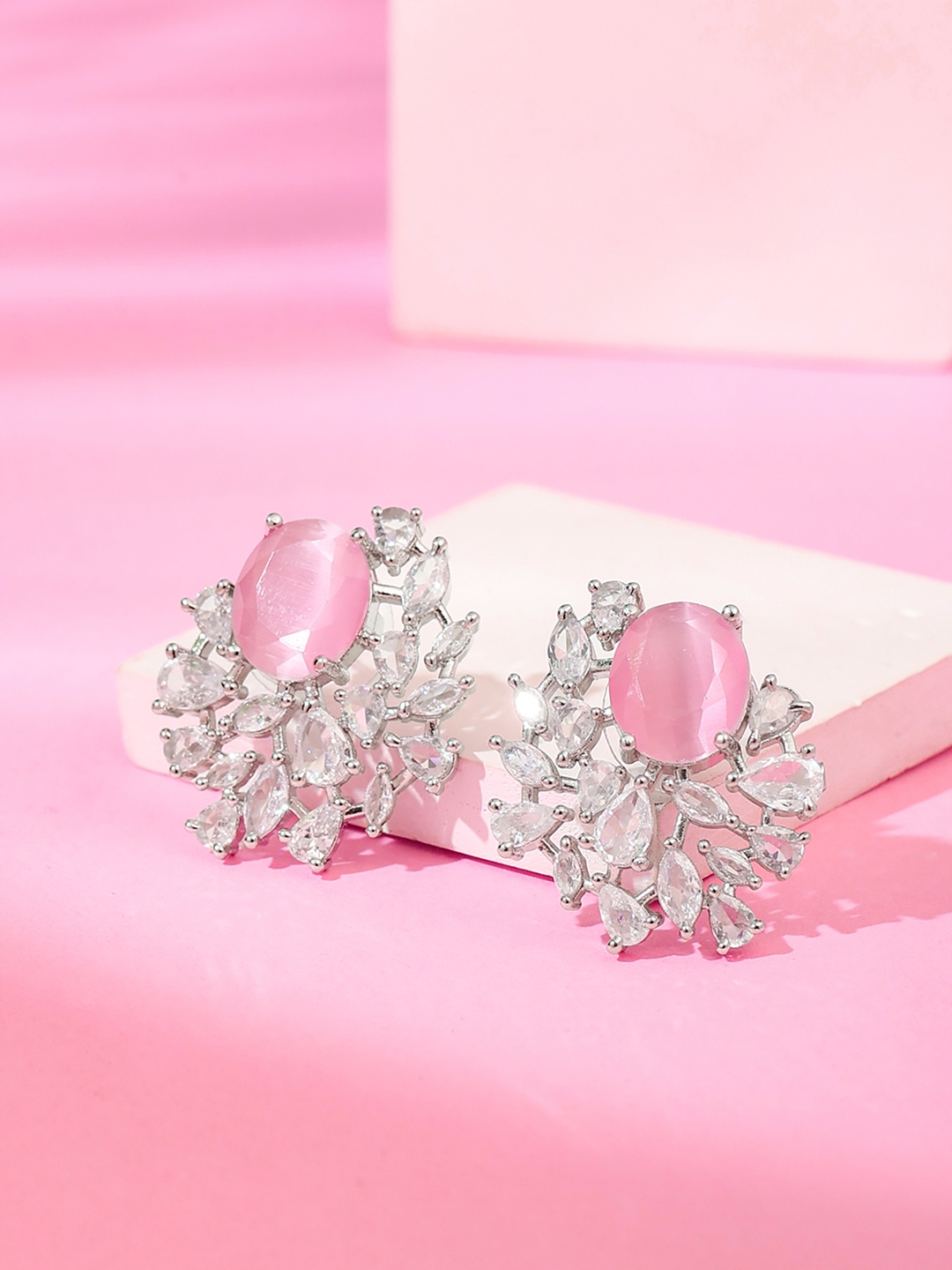 

Yellow Chimes Rhodium-Plated Contemporary American Diamond Studded Studs Earrings, Silver