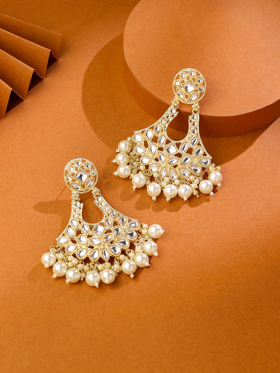 

Yellow Chimes Gold-Plated Kundan Pearl Contemporary Drop Earrings