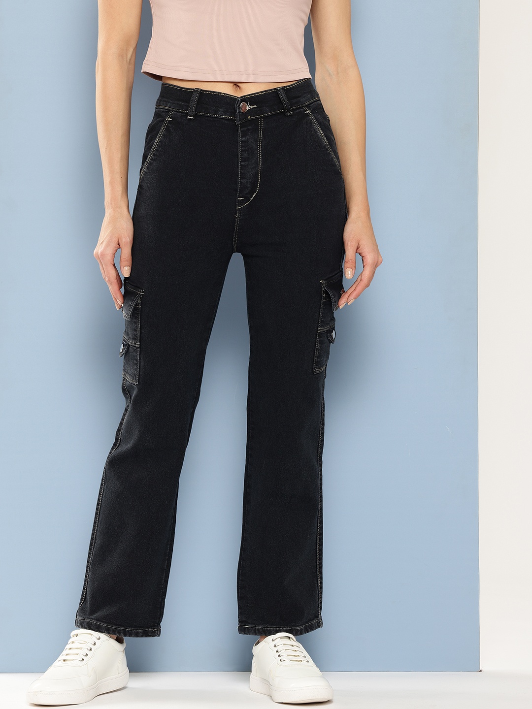 

Aarika Women Cargo Style Jeans with Contrast Stitch, Black