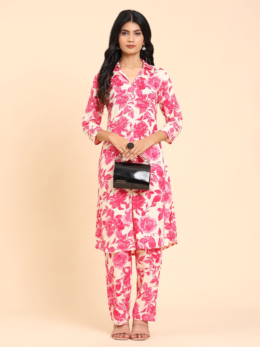 

BAPS Floral Printed Shirt Collar Pure Cotton Tunic And Trouser, White