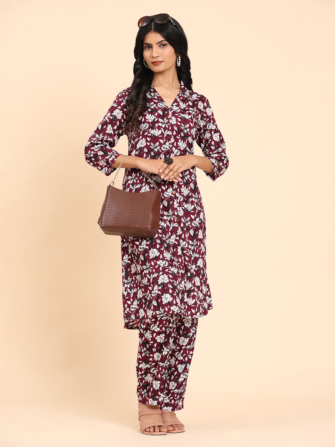 

BAPS Floral Printed Shirt Collar Pure Cotton Tunic And Trouser, Maroon