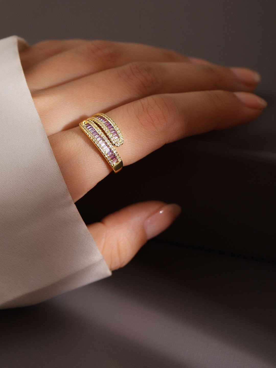 

Rubans 18K Gold-Plated Cubic Zirconia & Baguette-Cut Purple Stone Wrap-Style Openable Ring