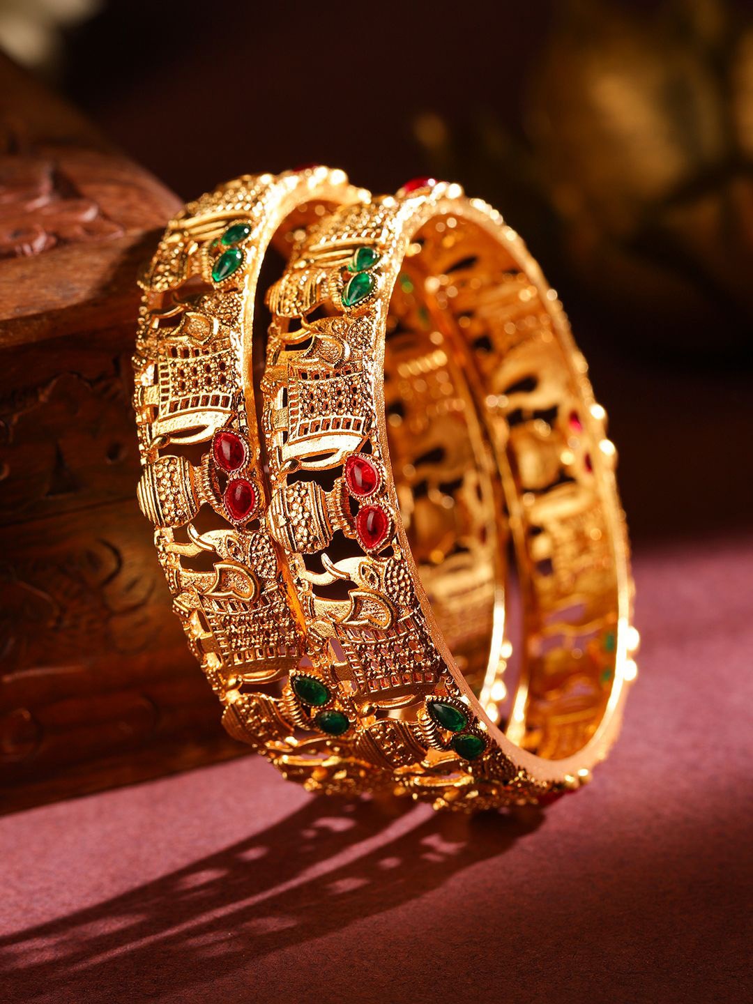 

Rubans Set of 2 18K Gold Plated Rajwadi Polish Ruby & Emerald Studded Bangles