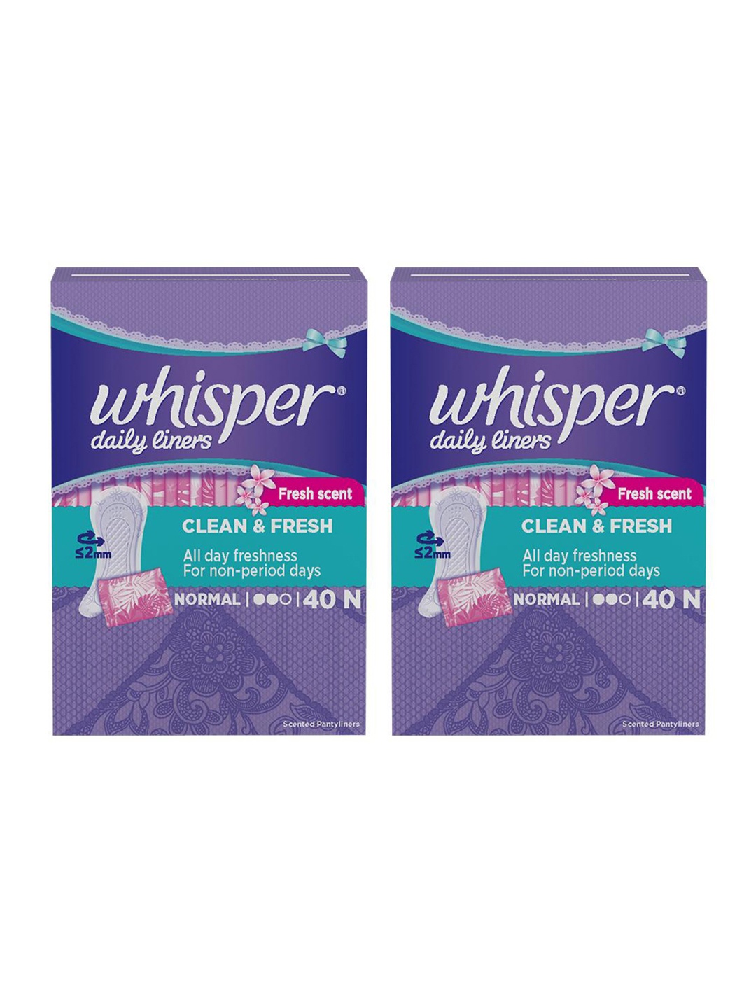

Whisper Pack of 2 Clean & Fresh Normal Daily Pantyliners - 40 Pads Each, Purple