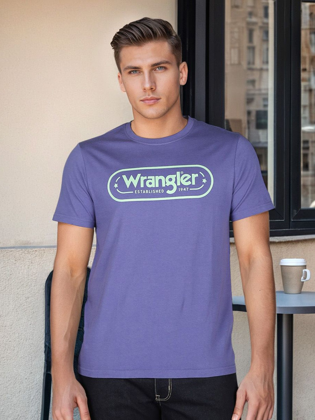 

Wrangler Men Typography Printed Round Neck Cotton T-shirt, Purple