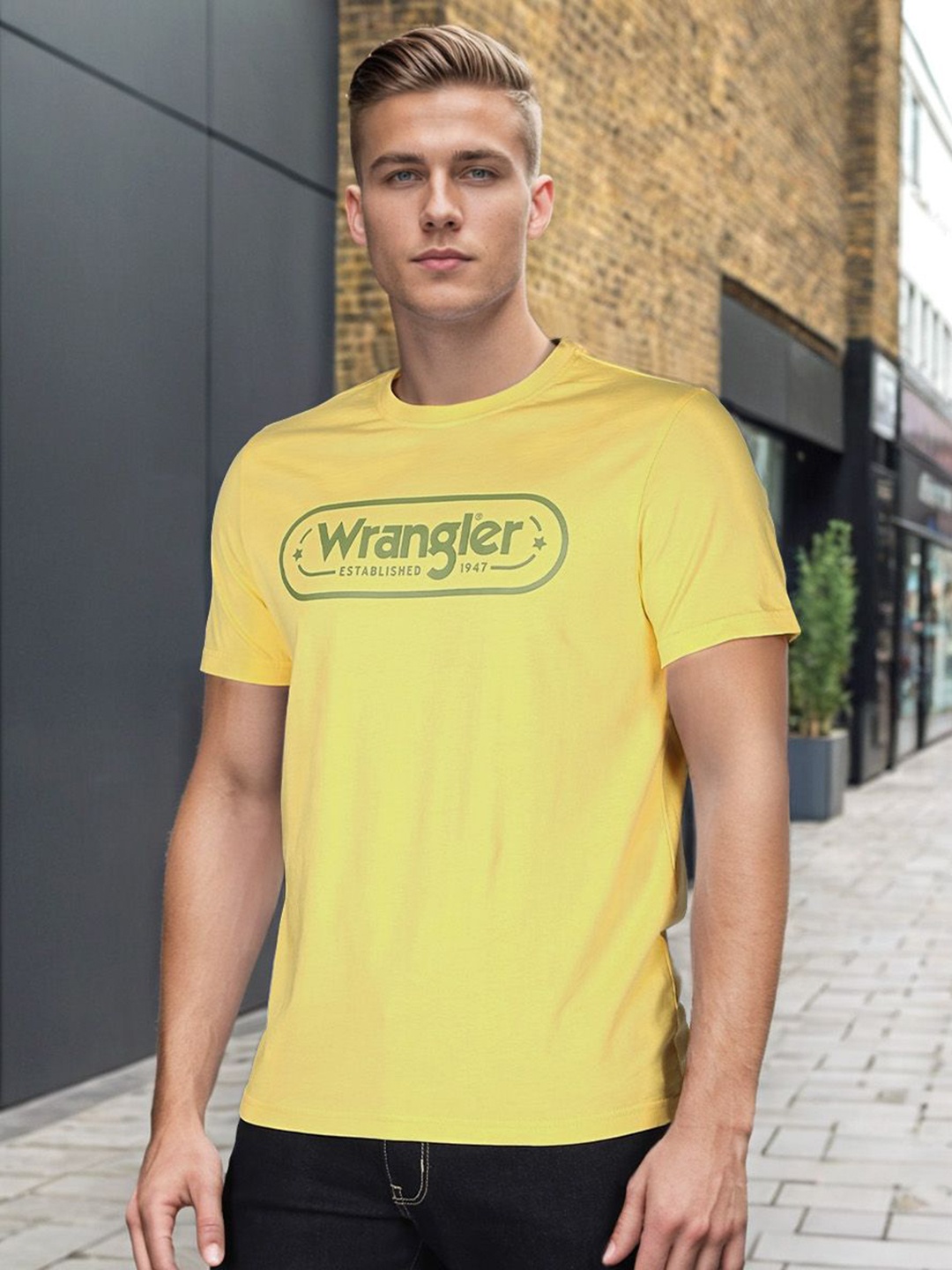 

Wrangler Men Typography Printed Round Neck Cotton T-shirt, Yellow