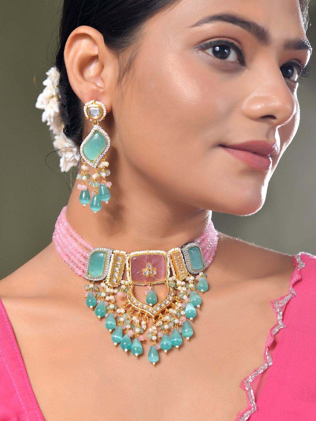 

STYYO Gold-Plated Kundan Stones Studded And Pearls Beaded Jewellery Set, Pink