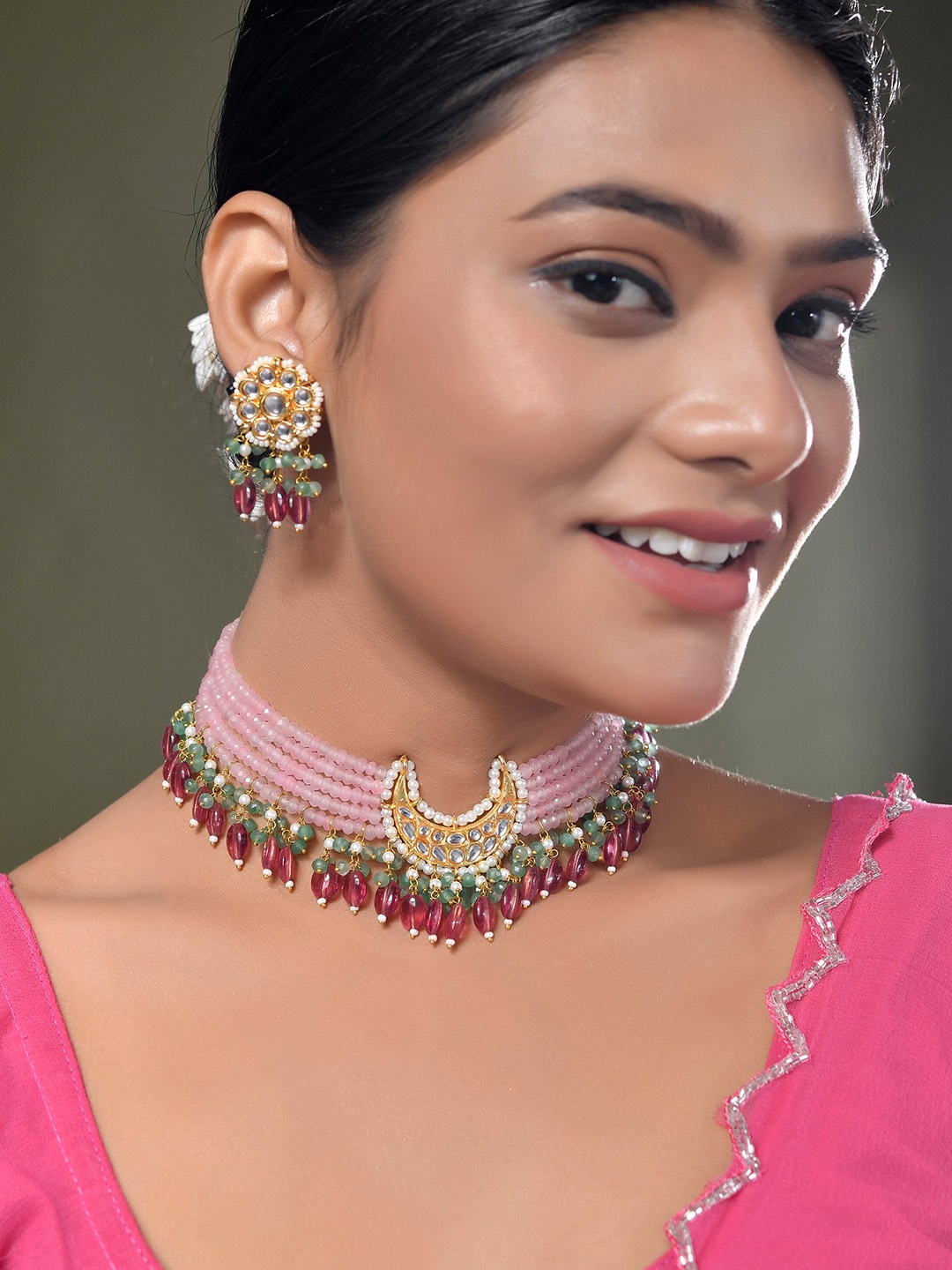 

STYYO Gold-Plated Kundan Stones Studded And Pearls Beaded Jewellery Set, Pink
