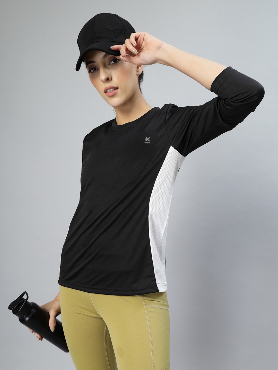 

HRX by Hrithik Roshan Women Colourblocked Round Neck Slim Fit T-shirt, Black