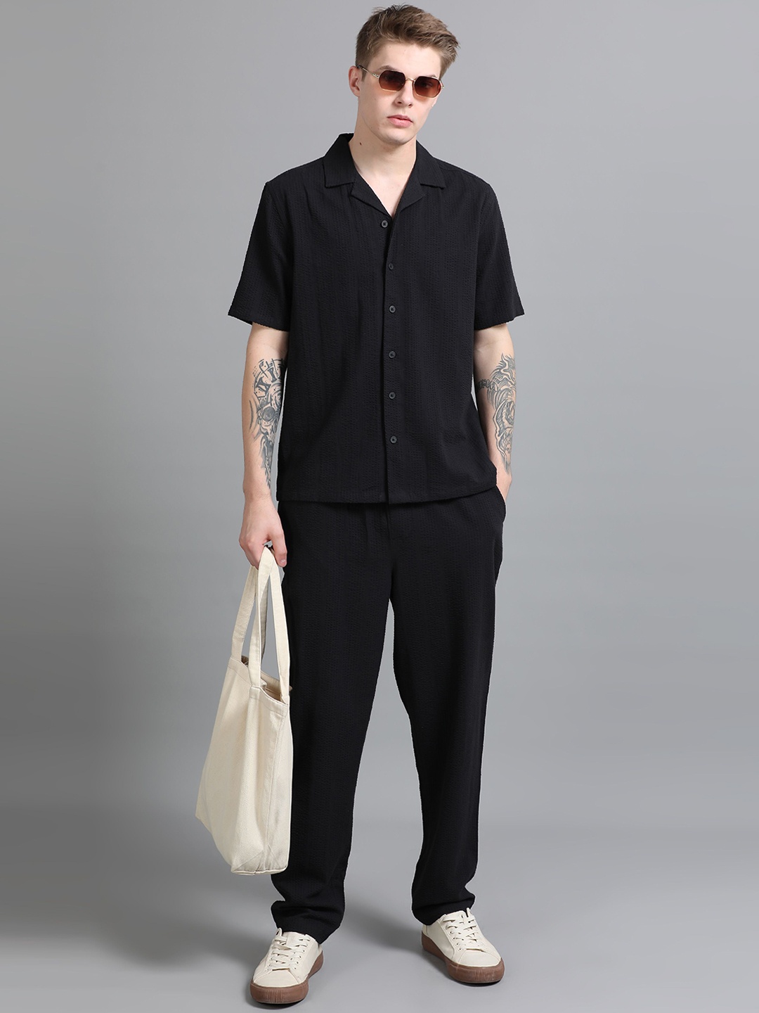 

StitchX Men Textured Cotton Seersucker Resort Shirt & Trouser Co Ord Set, Black