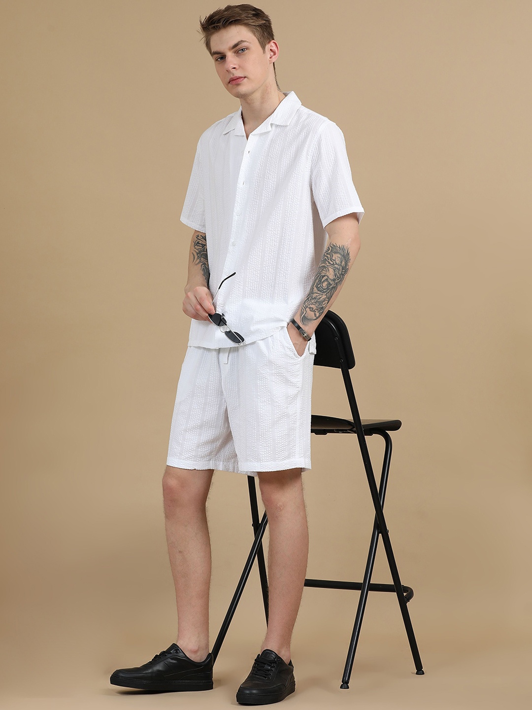 

StitchX Men Textured Cotton Seersucker Resort Shirt & Short Co Ord Set, White