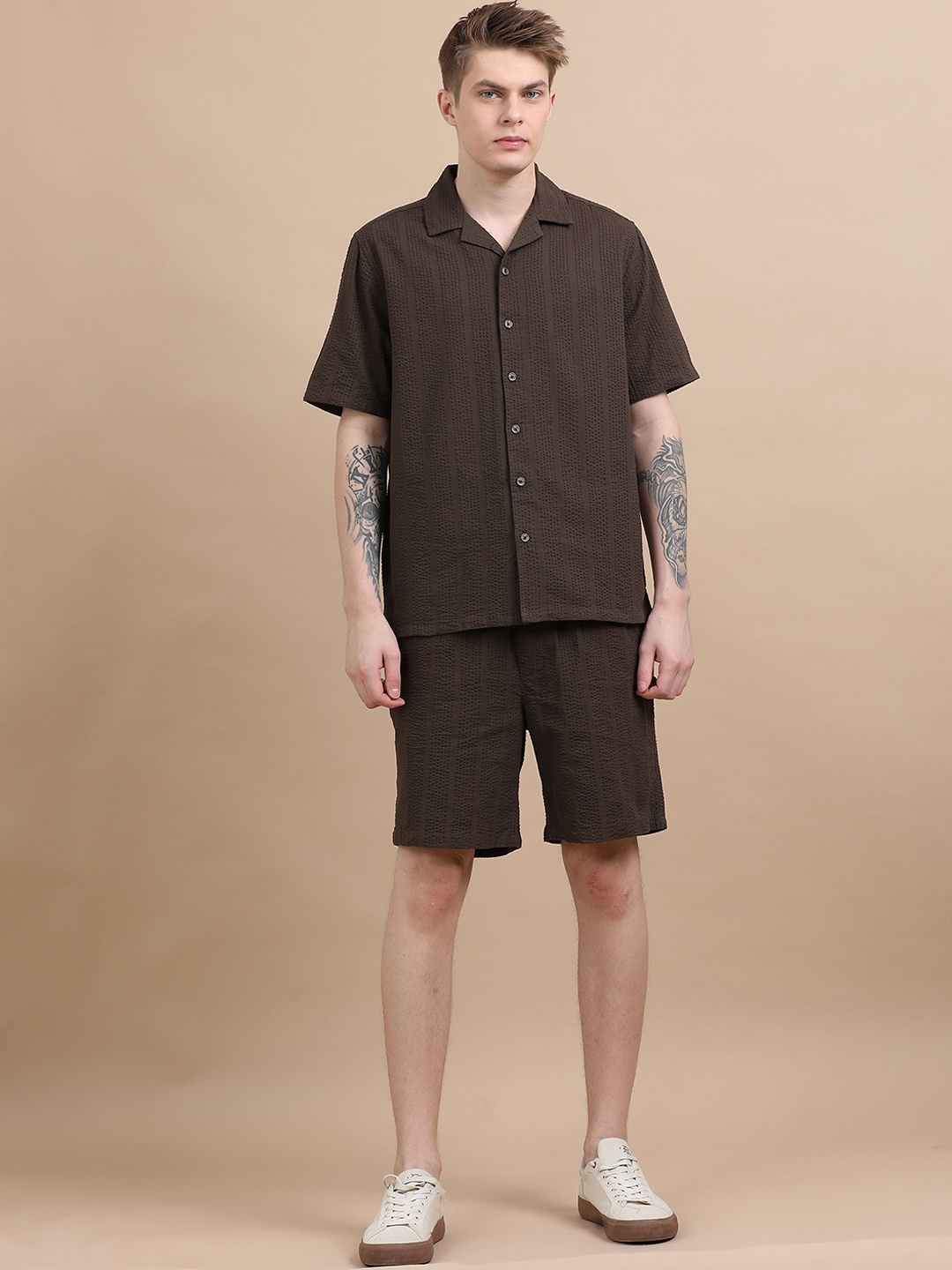 

StitchX Men Textured Cotton Seersucker Resort Shirt & Short Co Ord Set, Brown