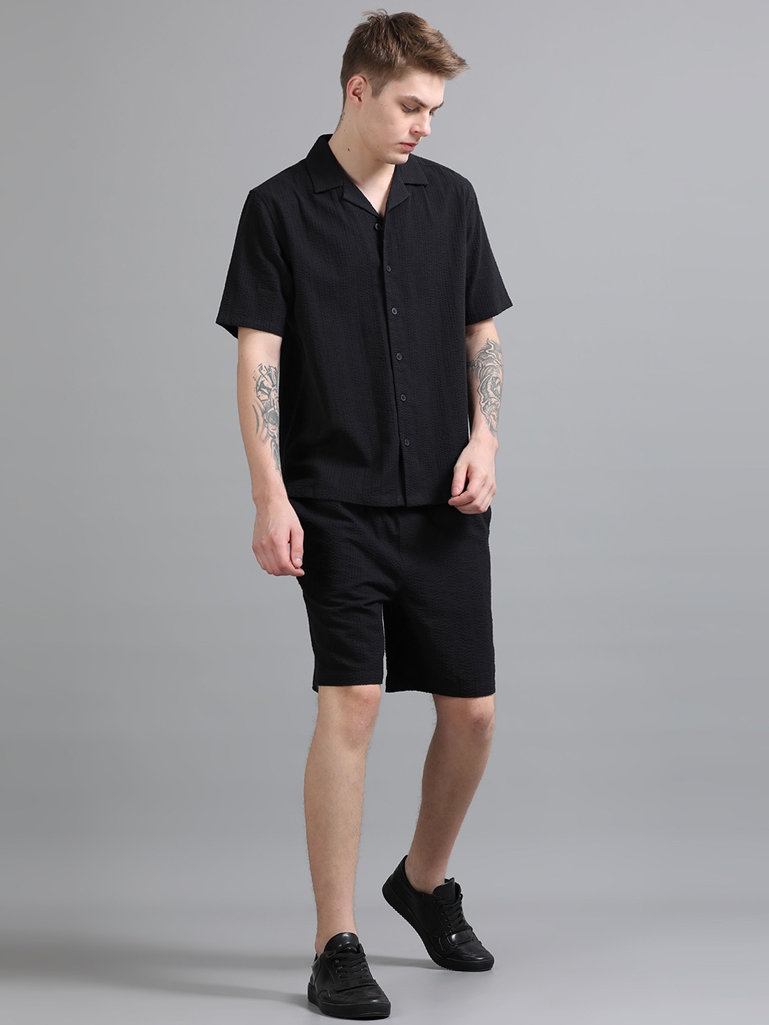 

StitchX Men Textured Cotton Seersucker Resort Shirt & Short Co Ord Set, Black