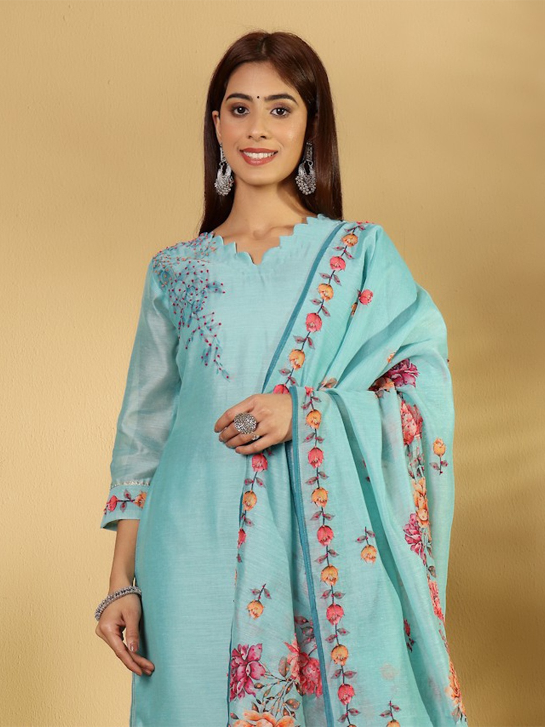 

House of Pataudi Floral Embroidered V-Neck Straight Kurta With Trousers And Dupatta, Blue