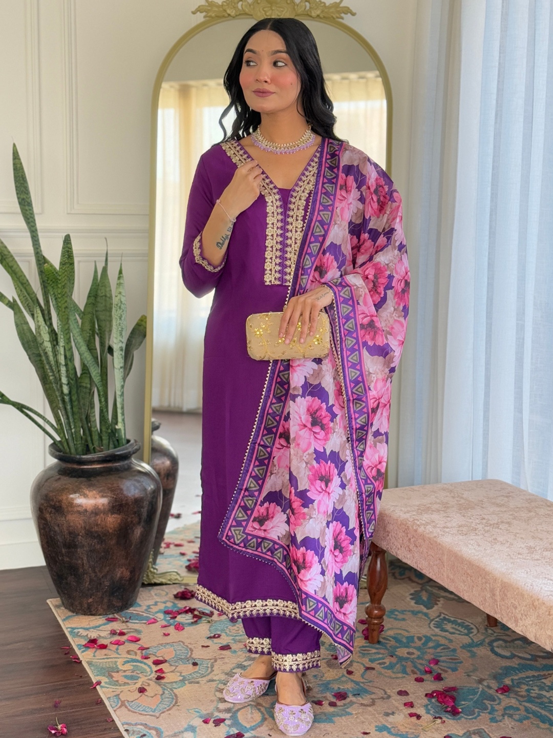 

KALINI Floral Embroidered V-Neck Straight Kurta With Trousers And Dupatta, Purple