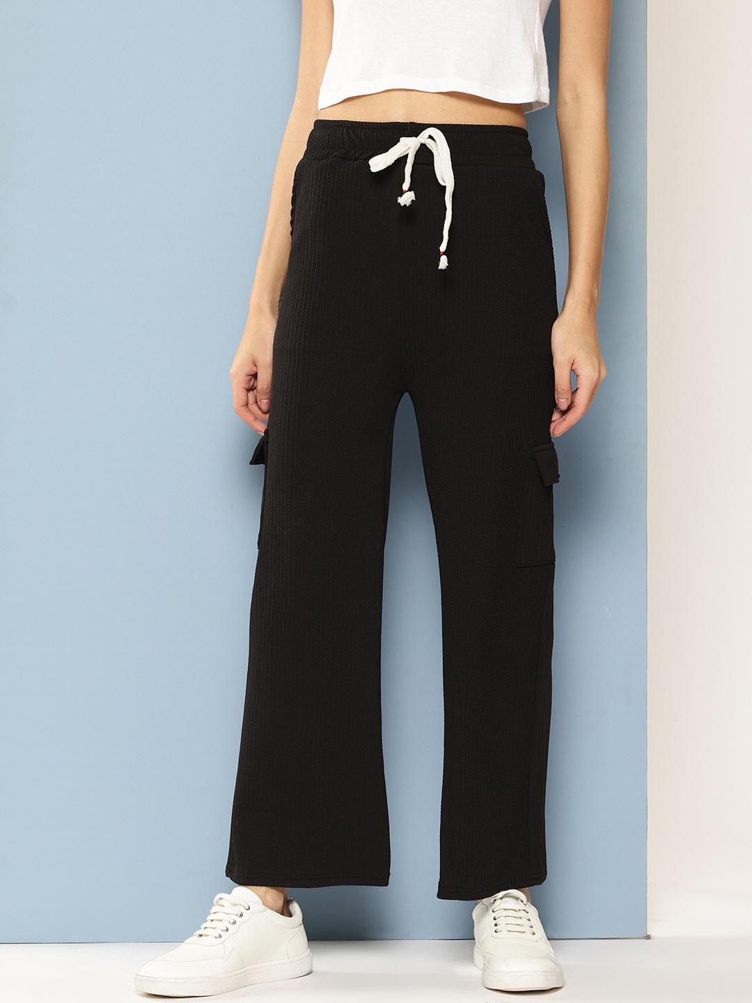 

Aarika Women Textured Relaxed Cargo Trousers, Black