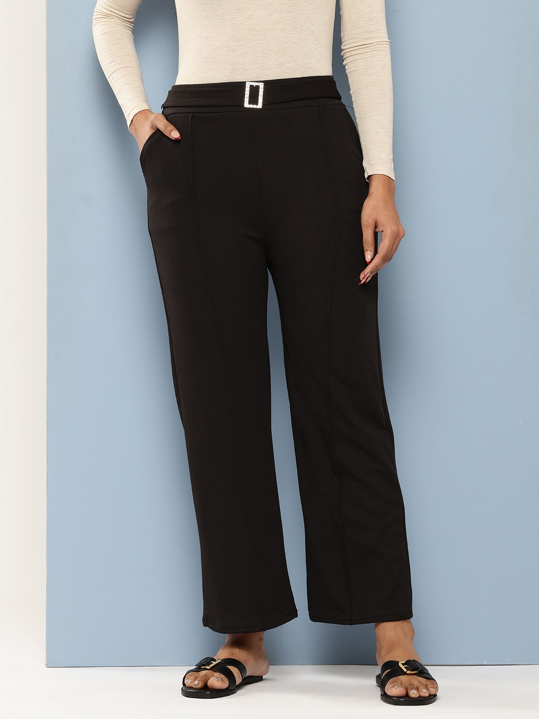 

Aarika Women Textured Relaxed Trousers, Black