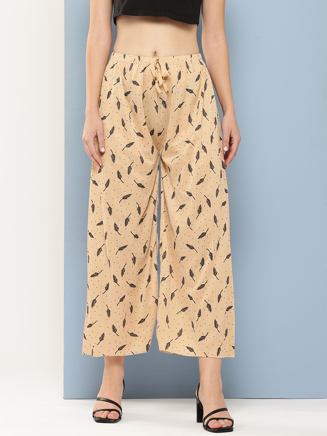 

Aarika Women Floral Printed Flared Cropped Palazzos, Beige