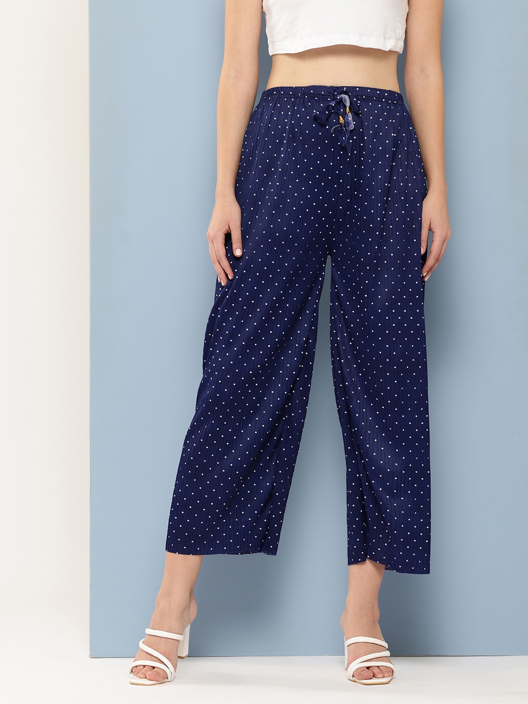 

Aarika Women Polka Dot Printed Cropped Palazzos, Navy blue