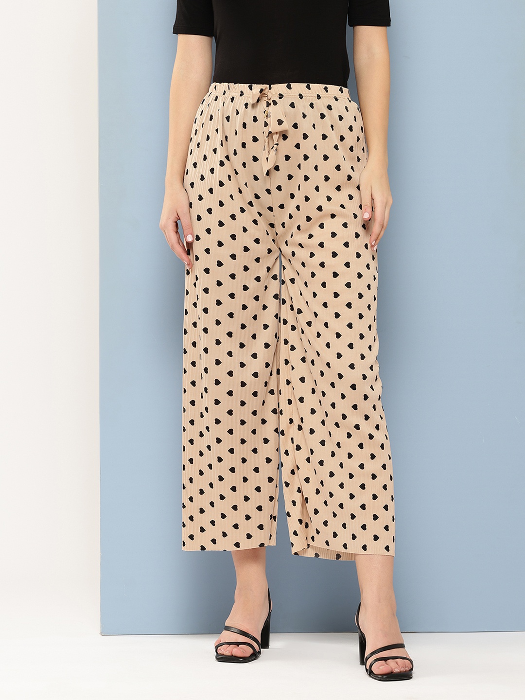 Aarika Women Printed Flared Cropped Palazzos, Beige