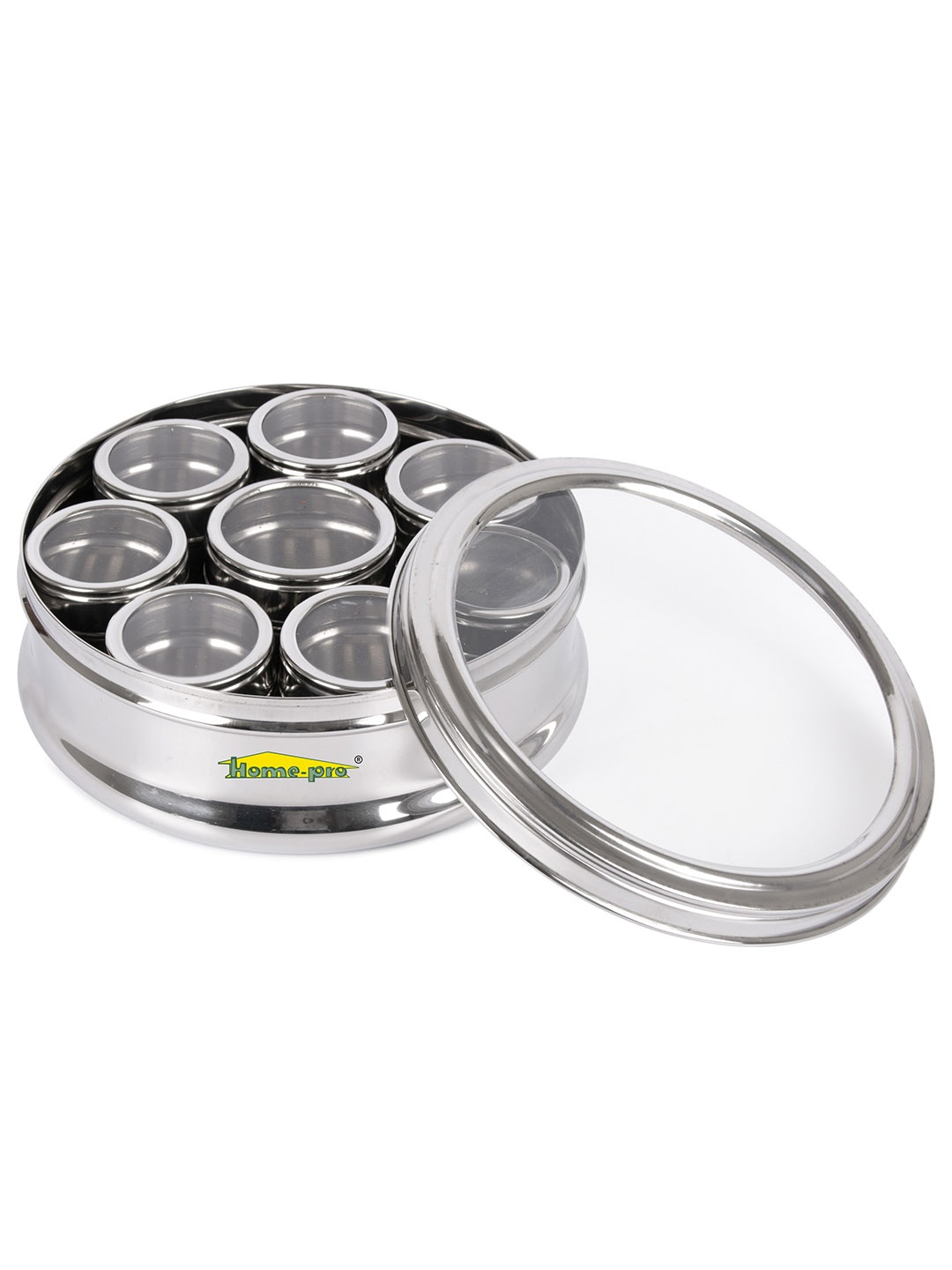 

Home-pro Silver Toned 8 in1 Stainless Steel Container Spice Box with Lid