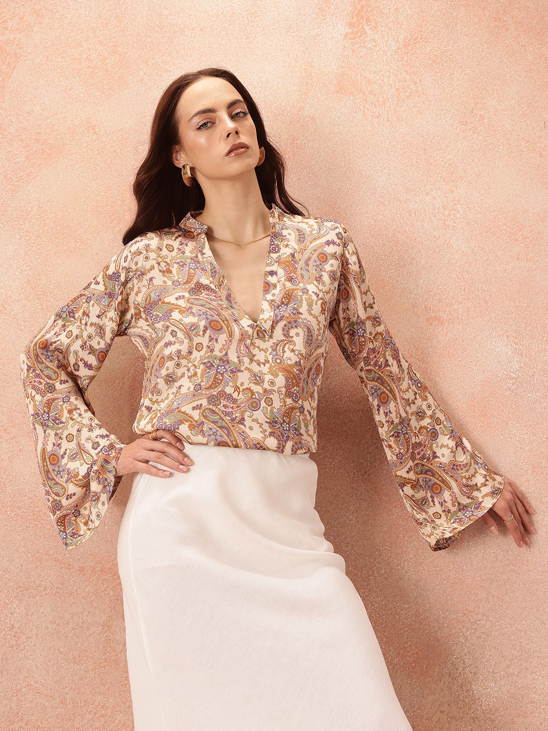 

all about you Paisley Printed Flared Sleeve Satin Top, Off white