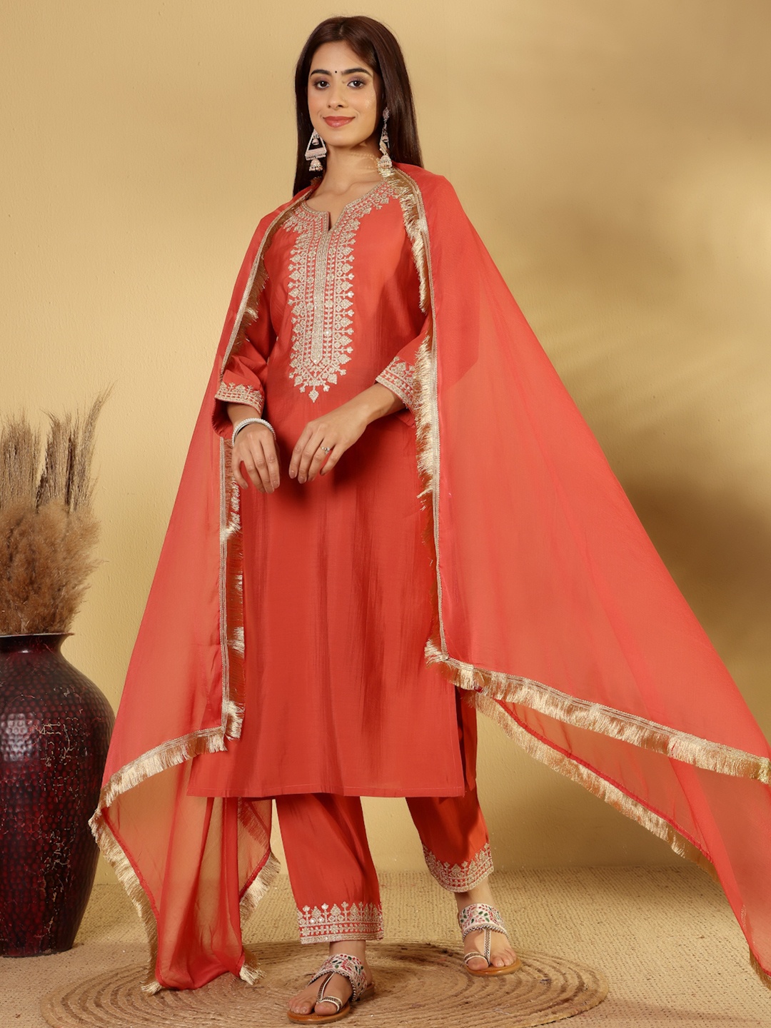 

House of Pataudi Floral Embroidered Notch-Neck Zari Straight Kurta & Trousers And Dupatta, Red