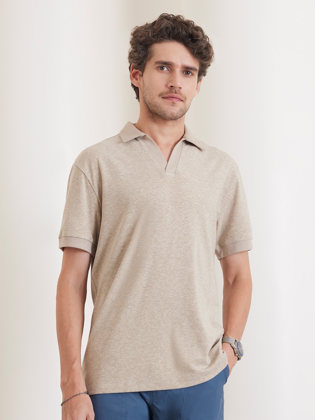 

Bombay Shirt Company Men Solid Polo Collar T-shirt, Beige