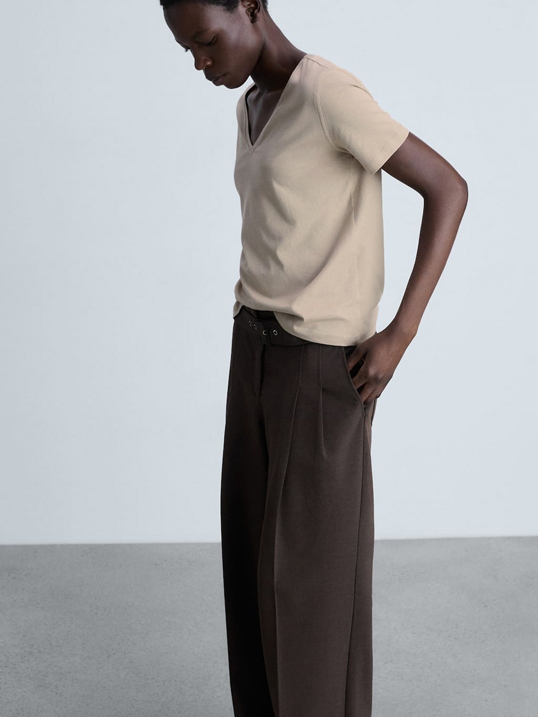 

MANGO Pure Cotton V-Neck Longline T-shirt, Beige
