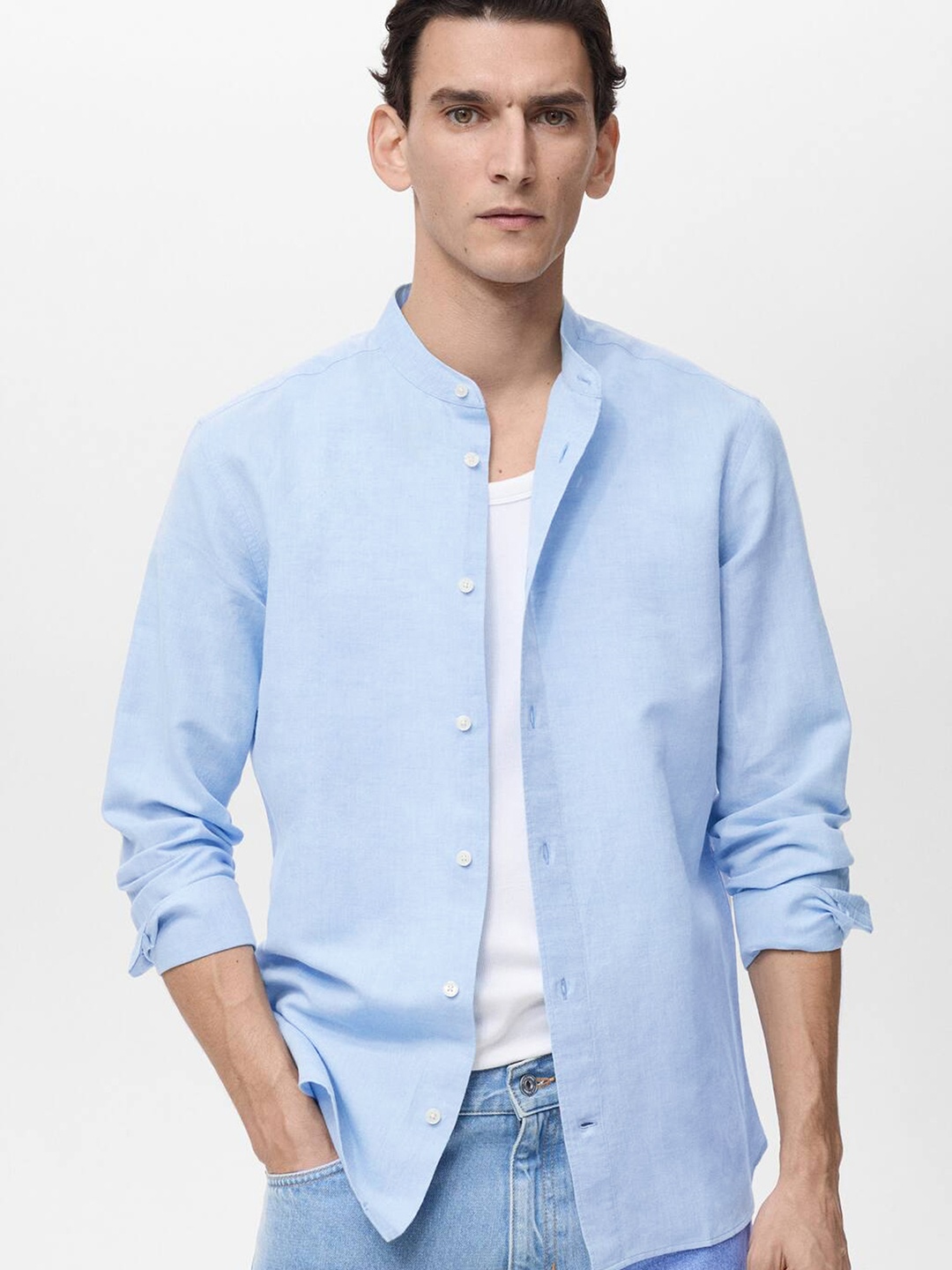 

MANGO MAN Men Linen Cotton Casual Shirt, Blue