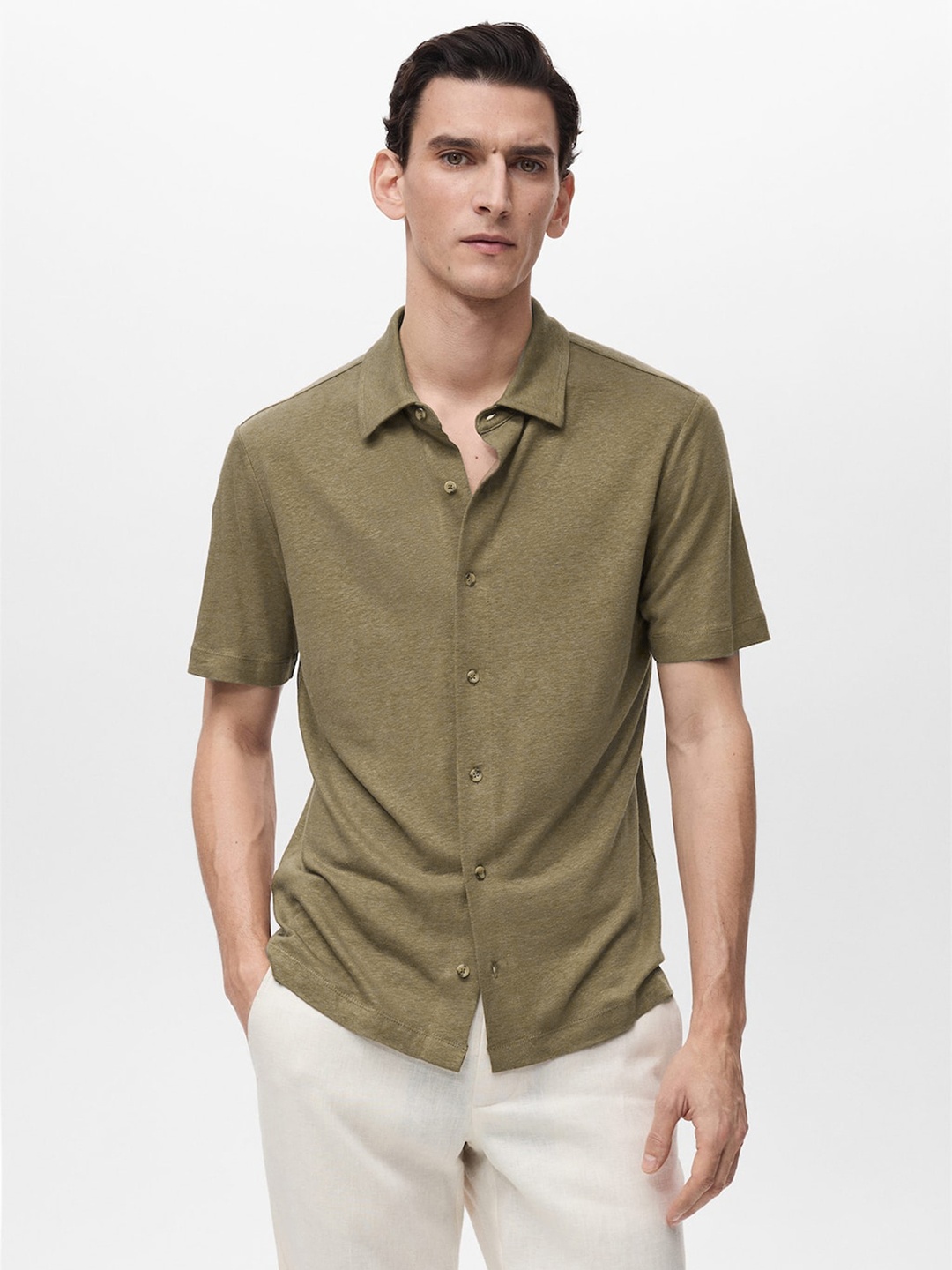 

MANGO MAN Short Sleeves Shirt, Olive