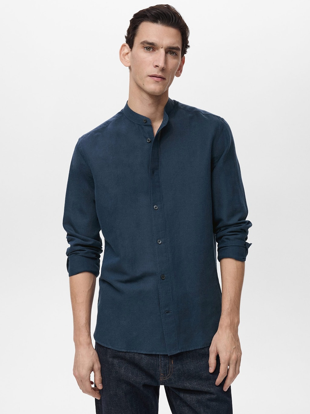 

MANGO MAN Linen-Cotton Casual Shirt, Navy blue