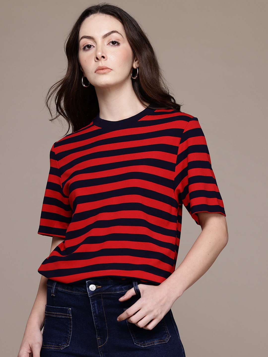 

MANGO Striped Relaxed T-shirt, Red